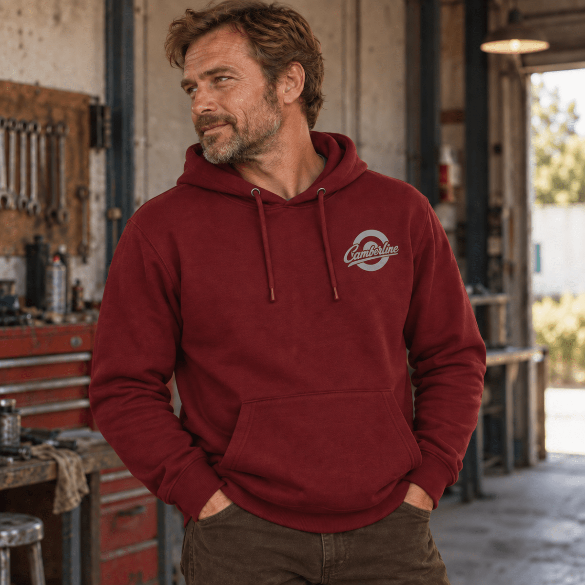 Drive Classic mercedes-benz w123 hoodie in burgundy, model front – car-hd-0153