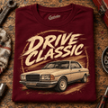 Drive Classic mercedes-benz w123 t-shirt in burgundy, folded workshop hero – car-ts-0153