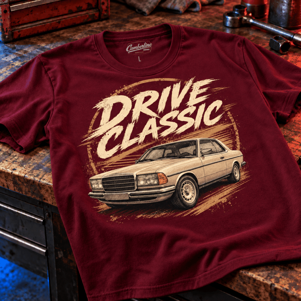 Drive Classic mercedes-benz w123 t-shirt in burgundy, front workshop garment view – car-ts-0153
