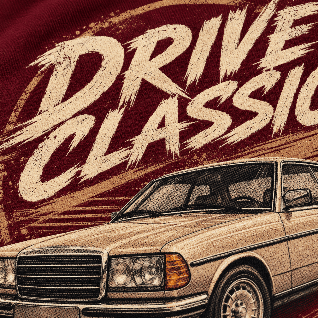 Drive Classic mercedes-benz w123 t-shirt in burgundy, print close-up – car-ts-0153