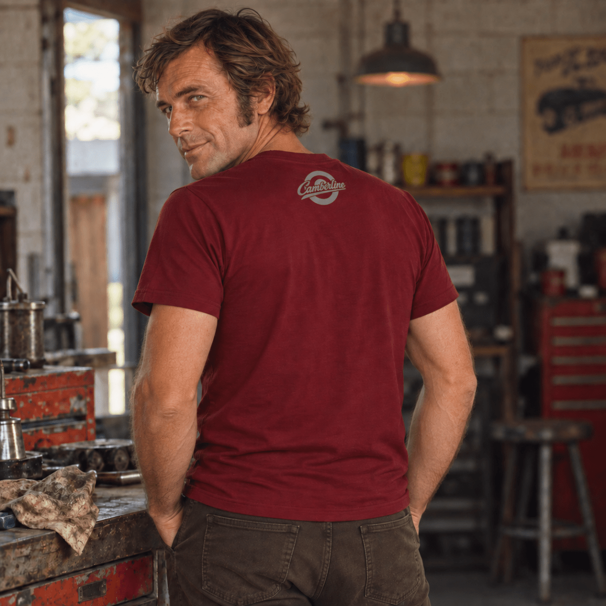 Drive Classic mercedes-benz w123 t-shirt in burgundy, model back – car-ts-0153