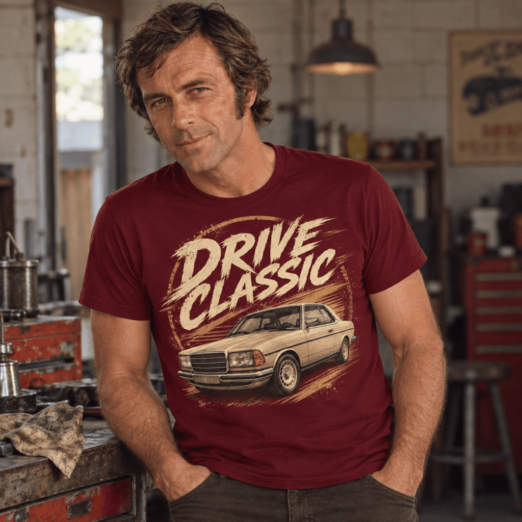 Drive Classic mercedes-benz w123 t-shirt in burgundy, model front – car-ts-0153