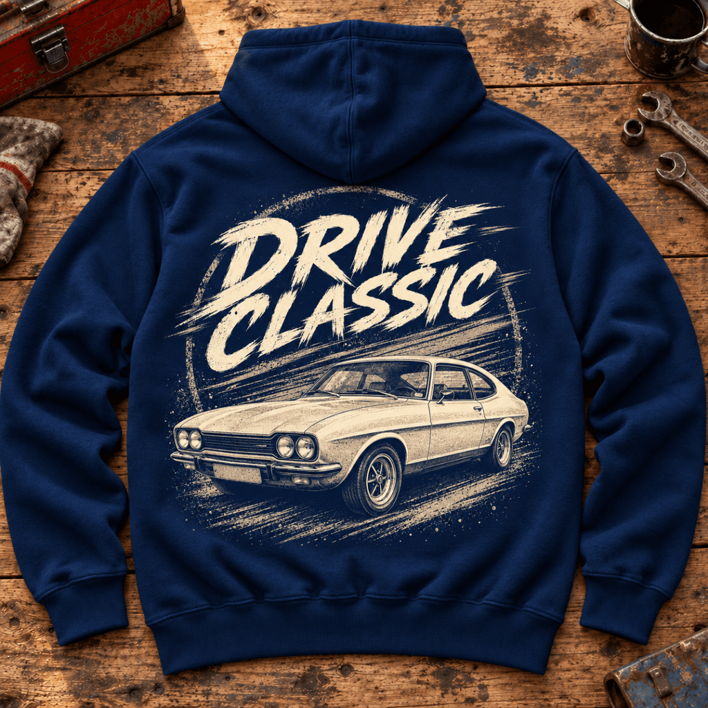 Drive Classic ford capri mk1 hoodie in navy, back workshop garment view – car-hd-0154