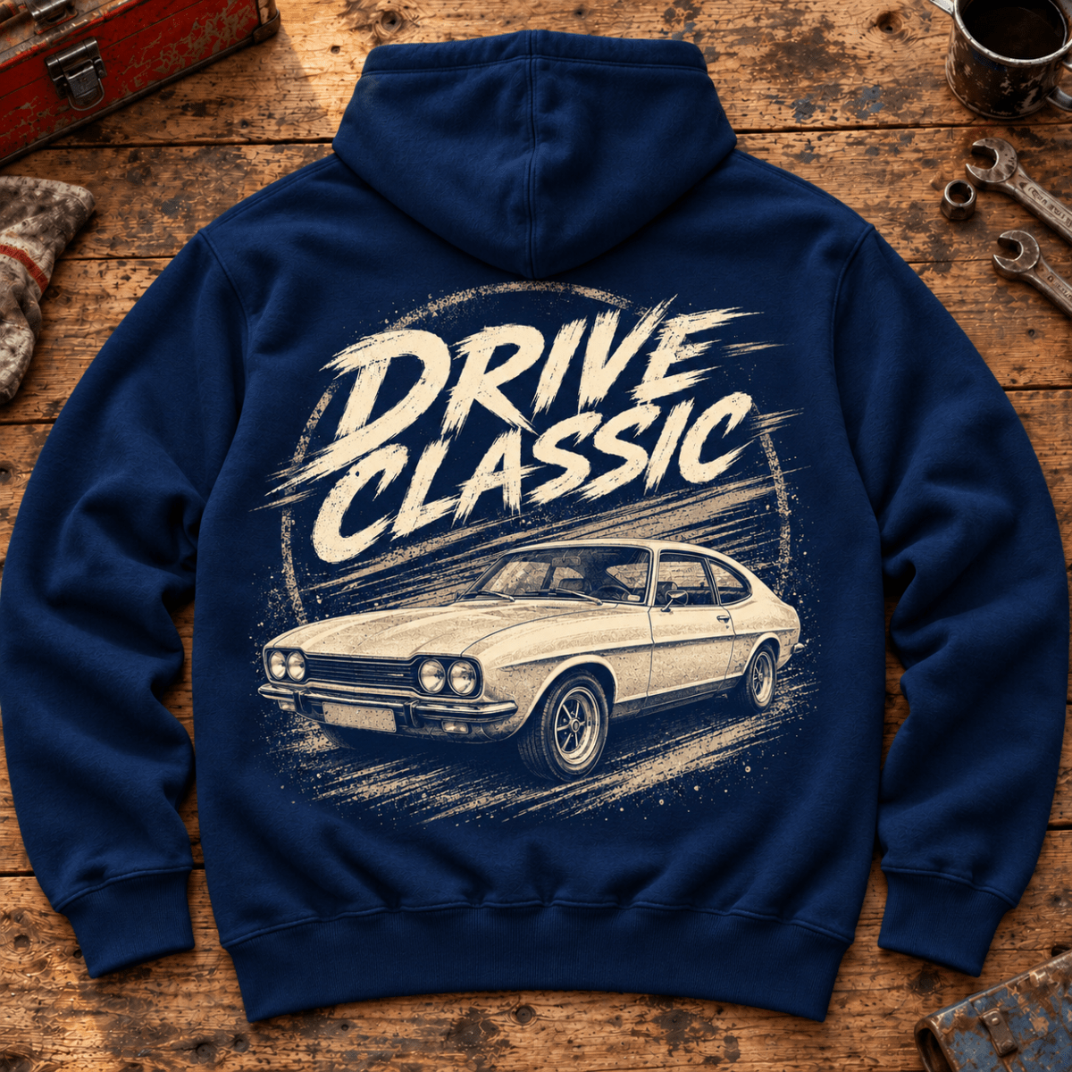 Drive Classic ford capri mk1 hoodie in navy, back workshop garment view – car-hd-0154