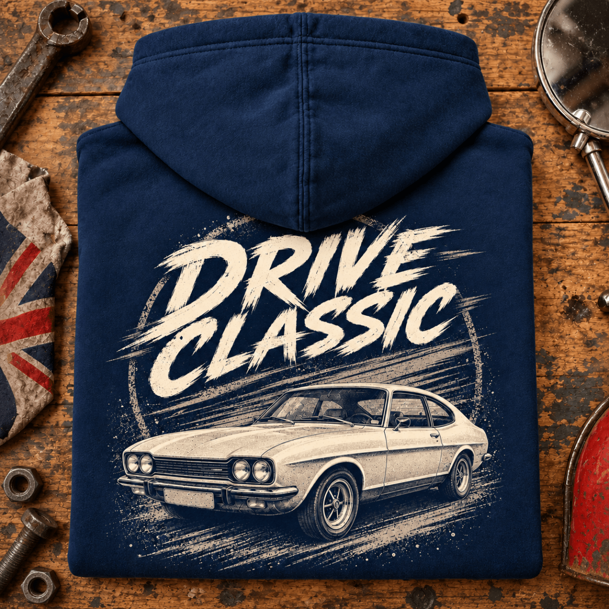 Drive Classic ford capri mk1 hoodie in navy, folded workshop hero – car-hd-0154