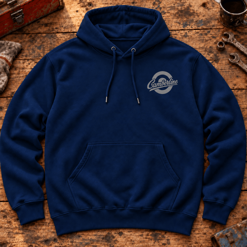 Drive Classic ford capri mk1 hoodie in navy, front workshop garment view – car-hd-0154