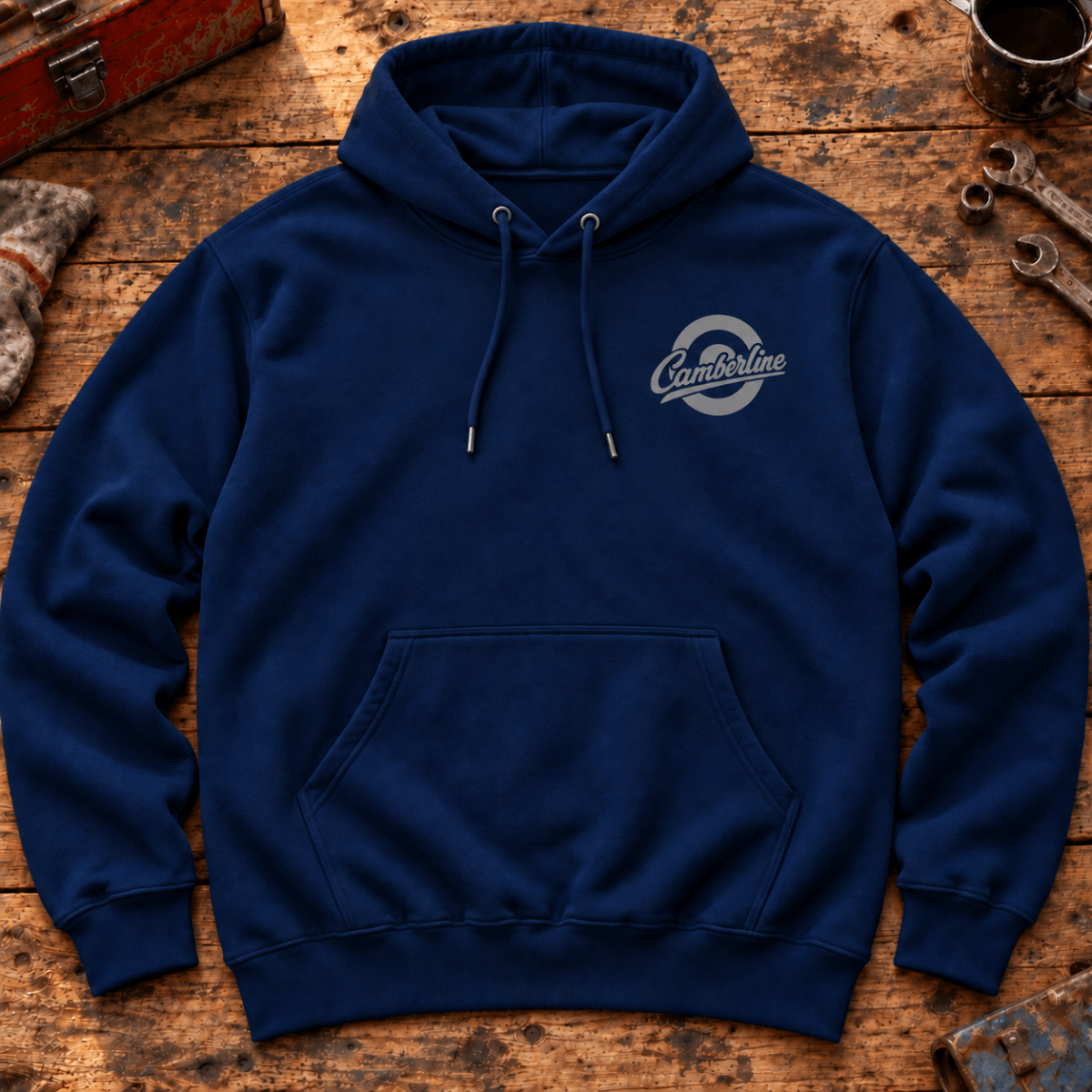 Drive Classic ford capri mk1 hoodie in navy, front workshop garment view – car-hd-0154