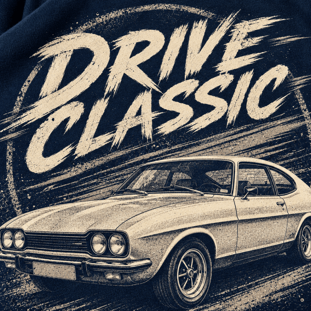 Drive Classic ford capri mk1 hoodie in navy, print close-up – car-hd-0154