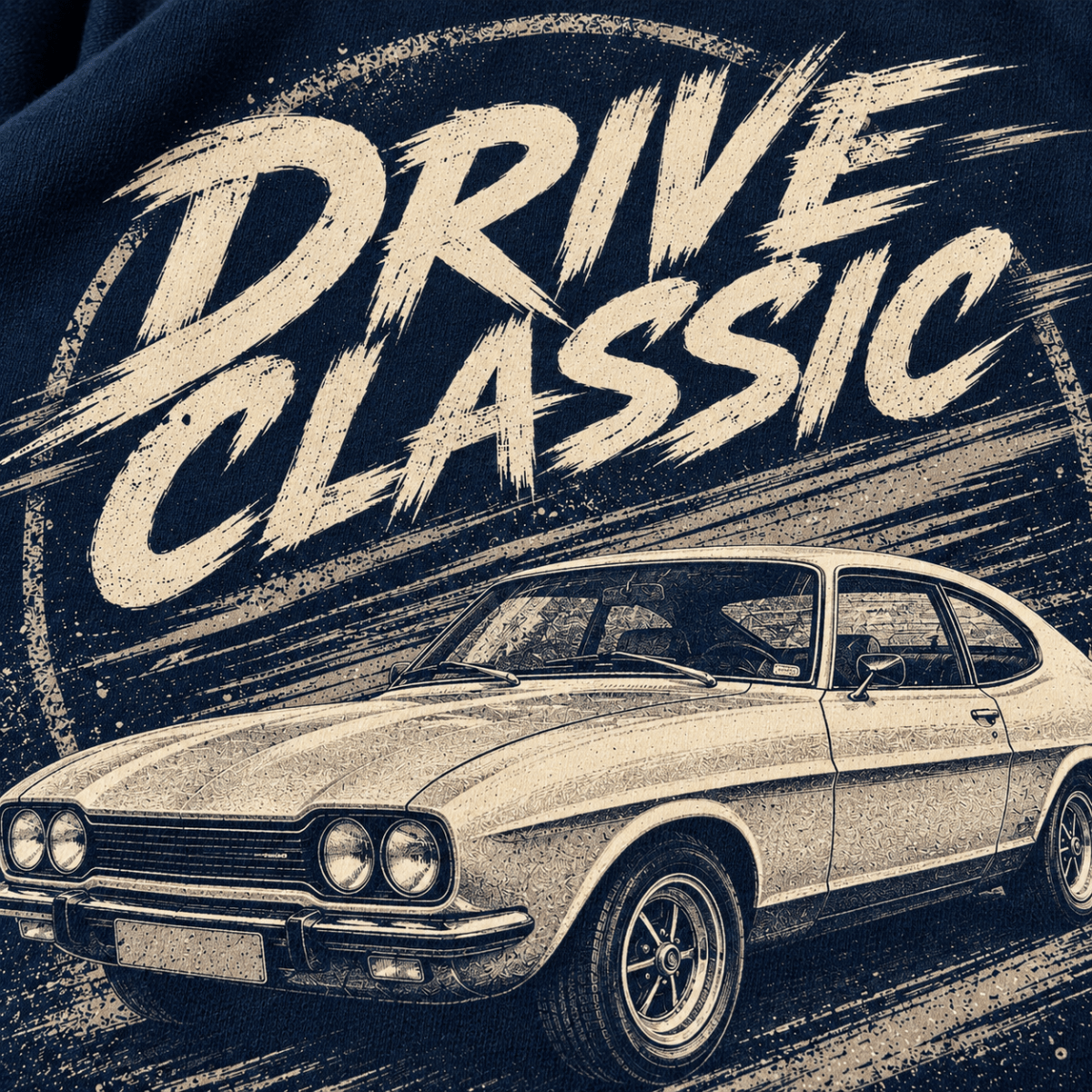Drive Classic ford capri mk1 hoodie in navy, print close-up – car-hd-0154