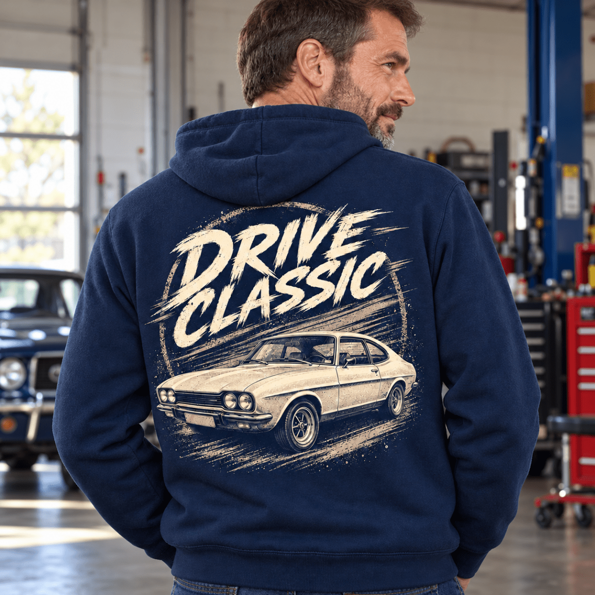 Drive Classic ford capri mk1 hoodie in navy, model back – car-hd-0154
