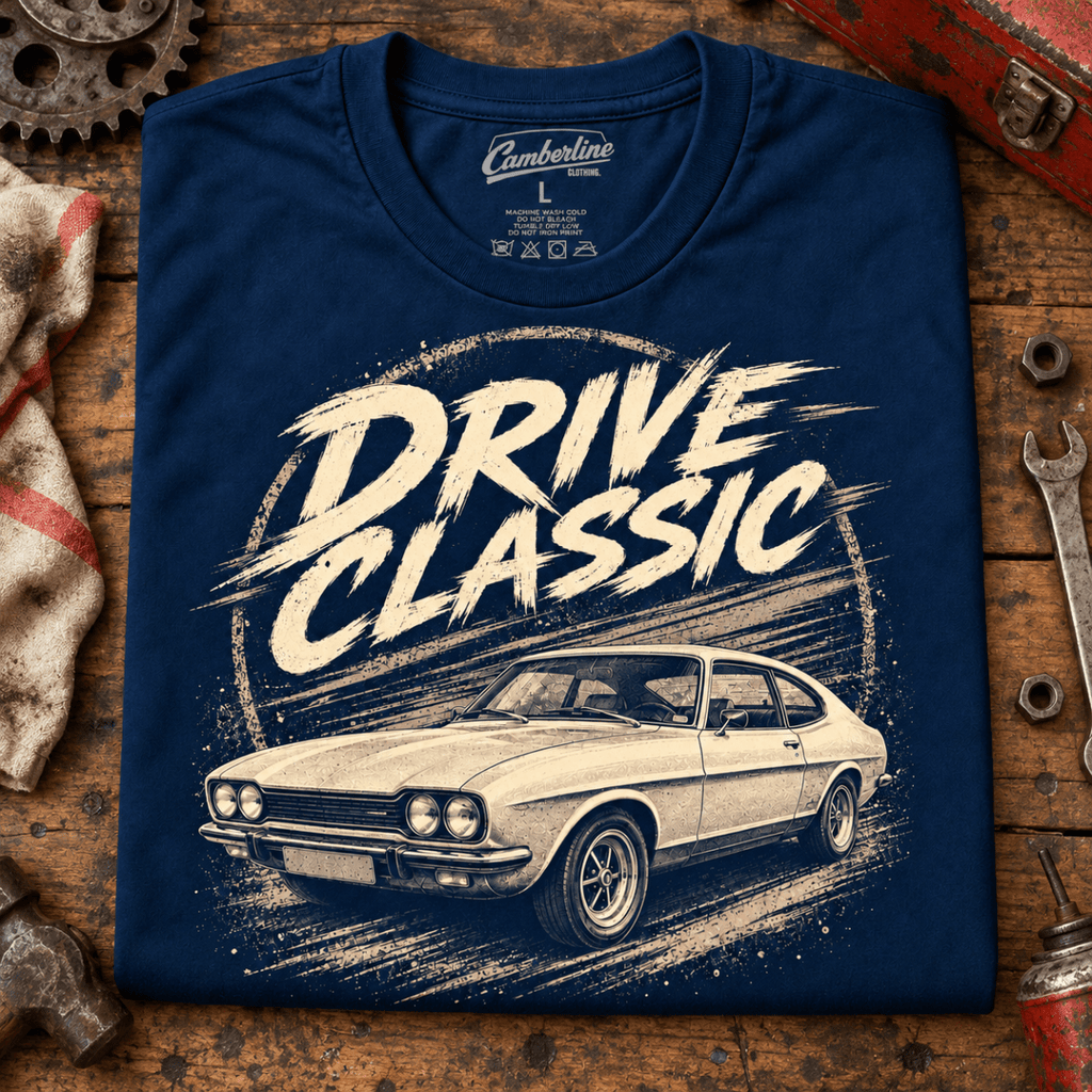 Drive Classic ford capri mk1 t-shirt in navy, folded workshop hero – car-ts-0154