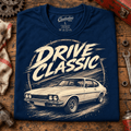 Drive Classic ford capri mk1 t-shirt in navy, folded workshop hero – car-ts-0154