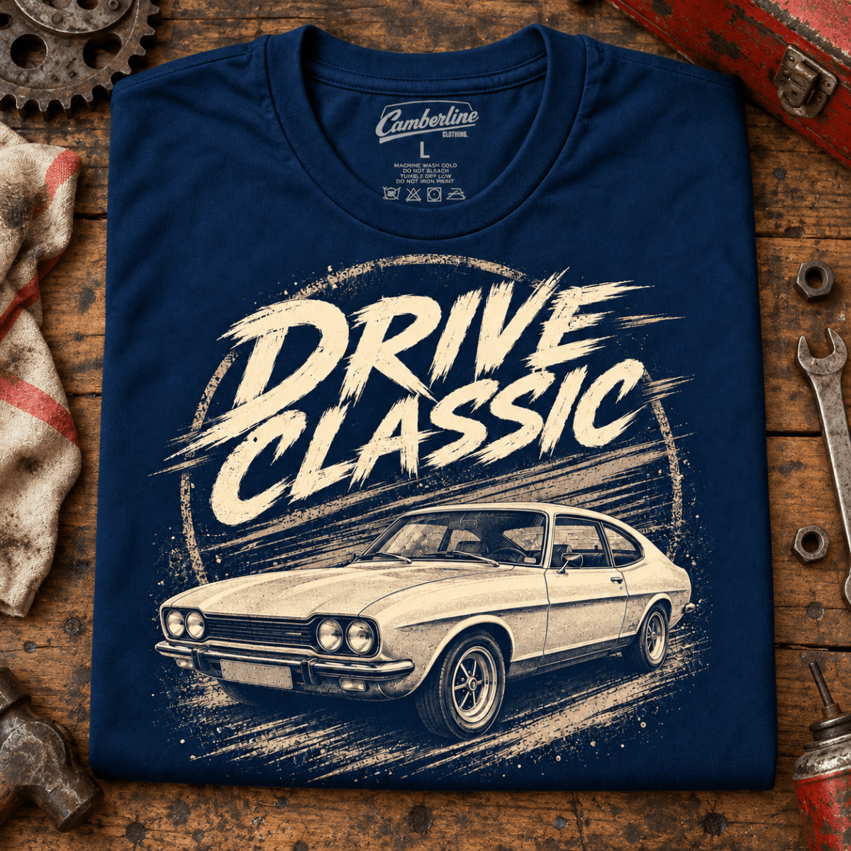 Drive Classic ford capri mk1 t-shirt in navy, folded workshop hero – car-ts-0154