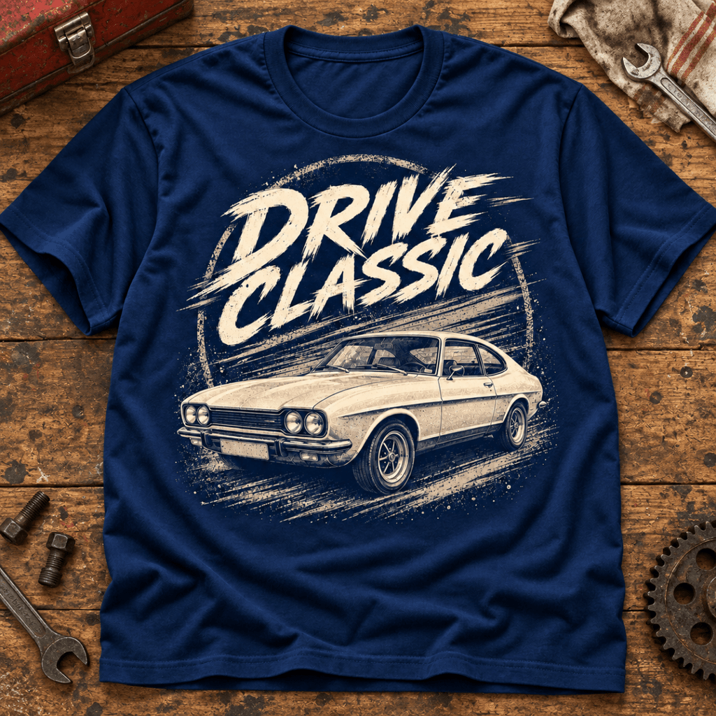 Drive Classic ford capri mk1 t-shirt in navy, front workshop garment view – car-ts-0154