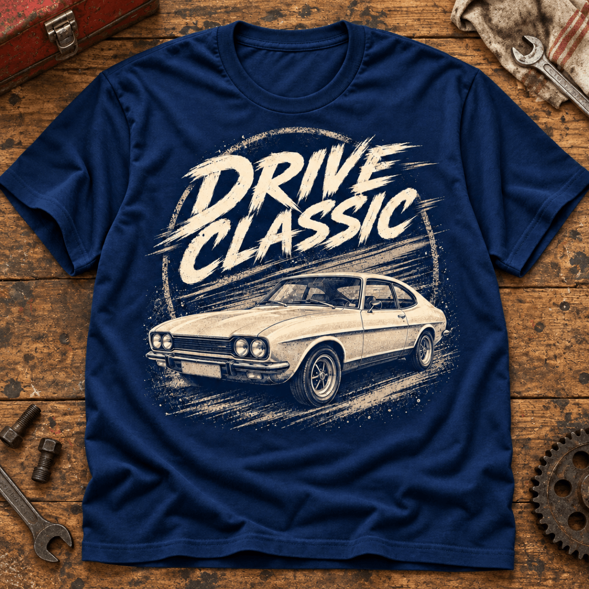 Drive Classic ford capri mk1 t-shirt in navy, front workshop garment view – car-ts-0154