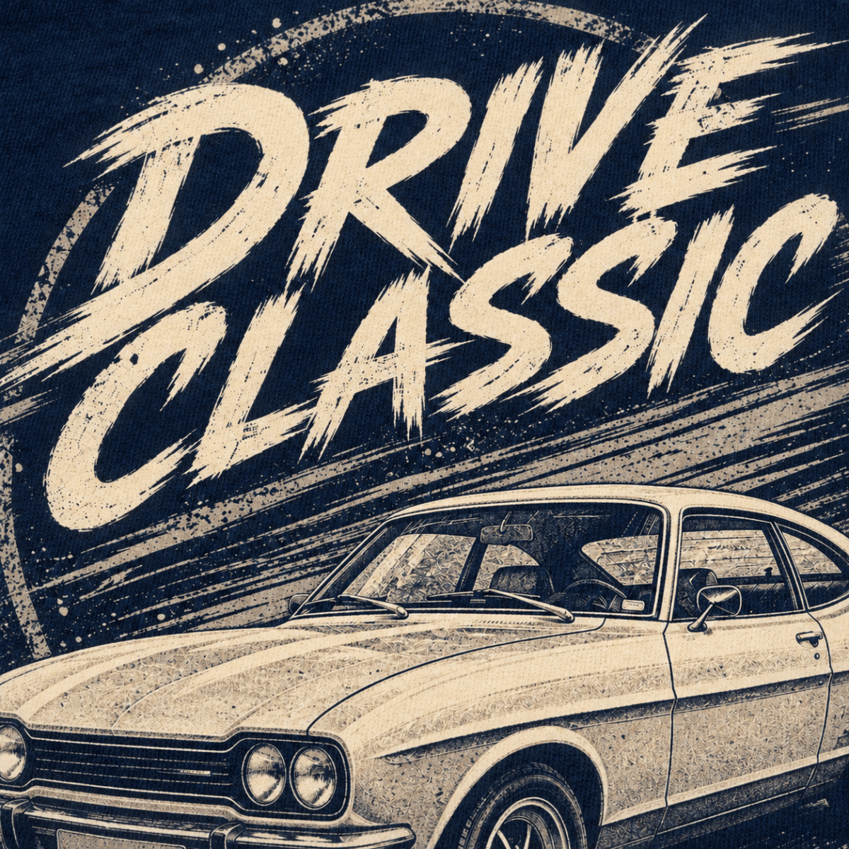 Drive Classic ford capri mk1 t-shirt in navy, print close-up – car-ts-0154