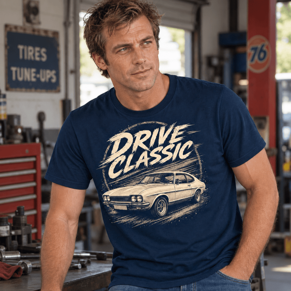 Drive Classic ford capri mk1 t-shirt in navy, model front – car-ts-0154