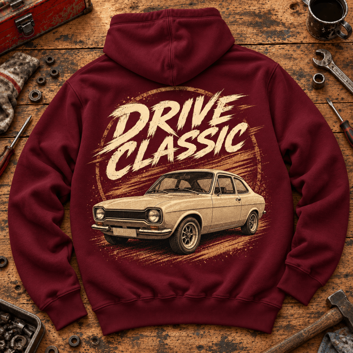Drive Classic ford escort mk1 hoodie in burgundy, back workshop garment view – car-hd-0156