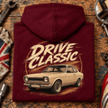 Drive Classic ford escort mk1 hoodie in burgundy, folded workshop hero – car-hd-0156