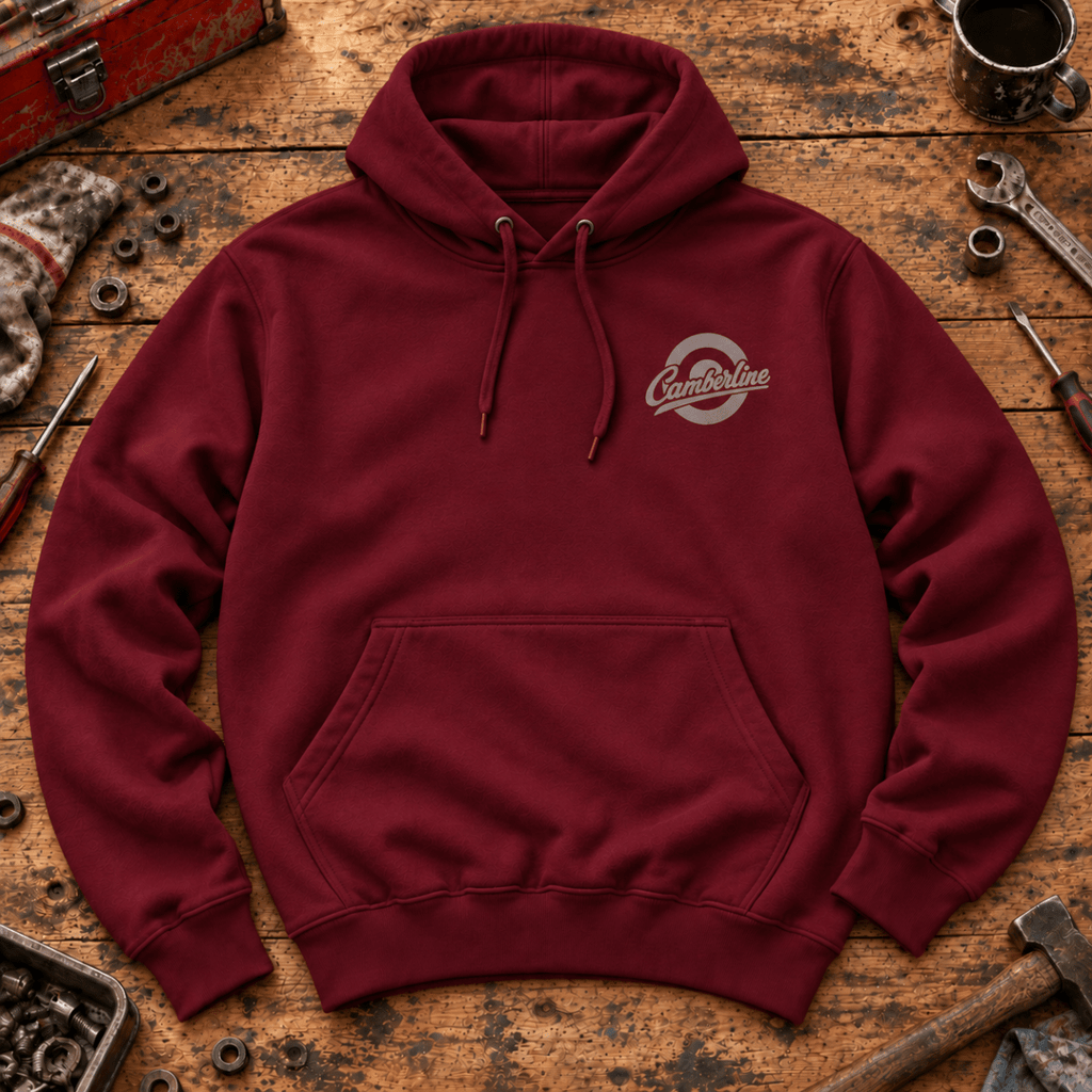Drive Classic ford escort mk1 hoodie in burgundy, front workshop garment view – car-hd-0156