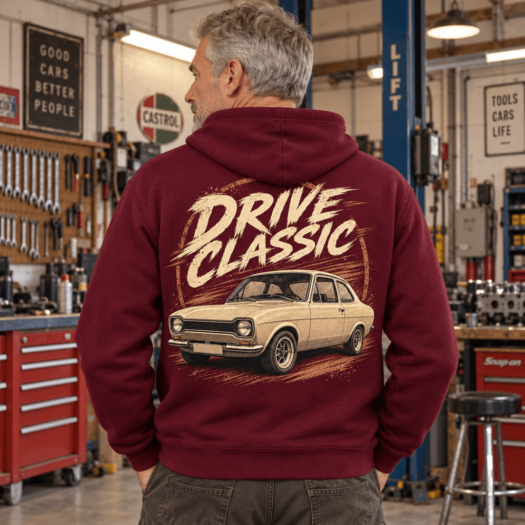 Drive Classic ford escort mk1 hoodie in burgundy, model back – car-hd-0156