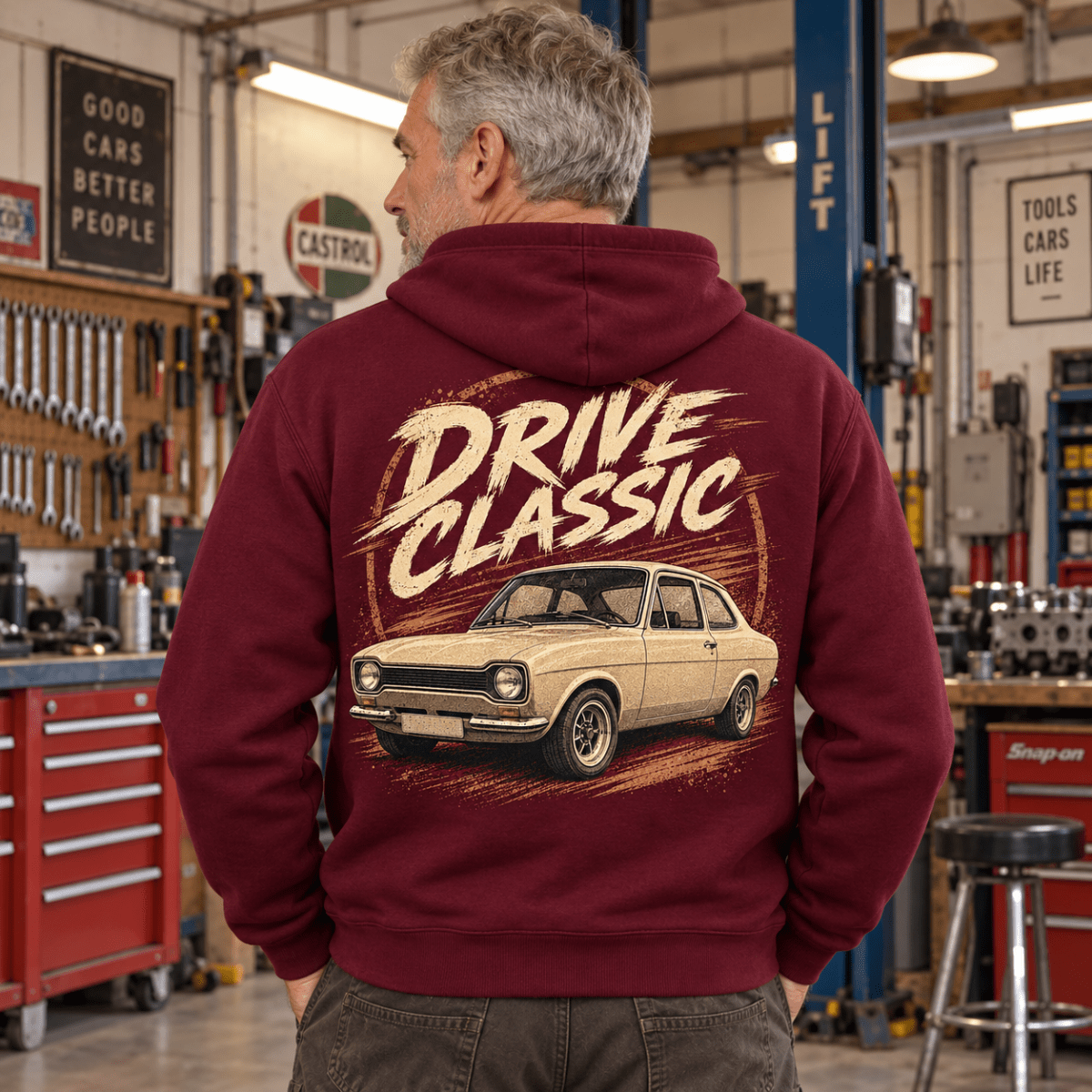 Drive Classic ford escort mk1 hoodie in burgundy, model back – car-hd-0156