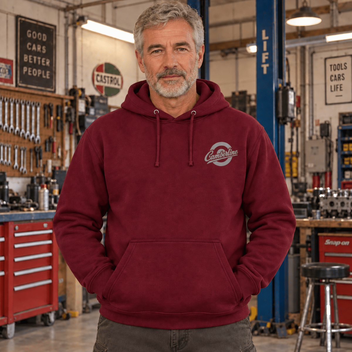 Drive Classic ford escort mk1 hoodie in burgundy, model front – car-hd-0156