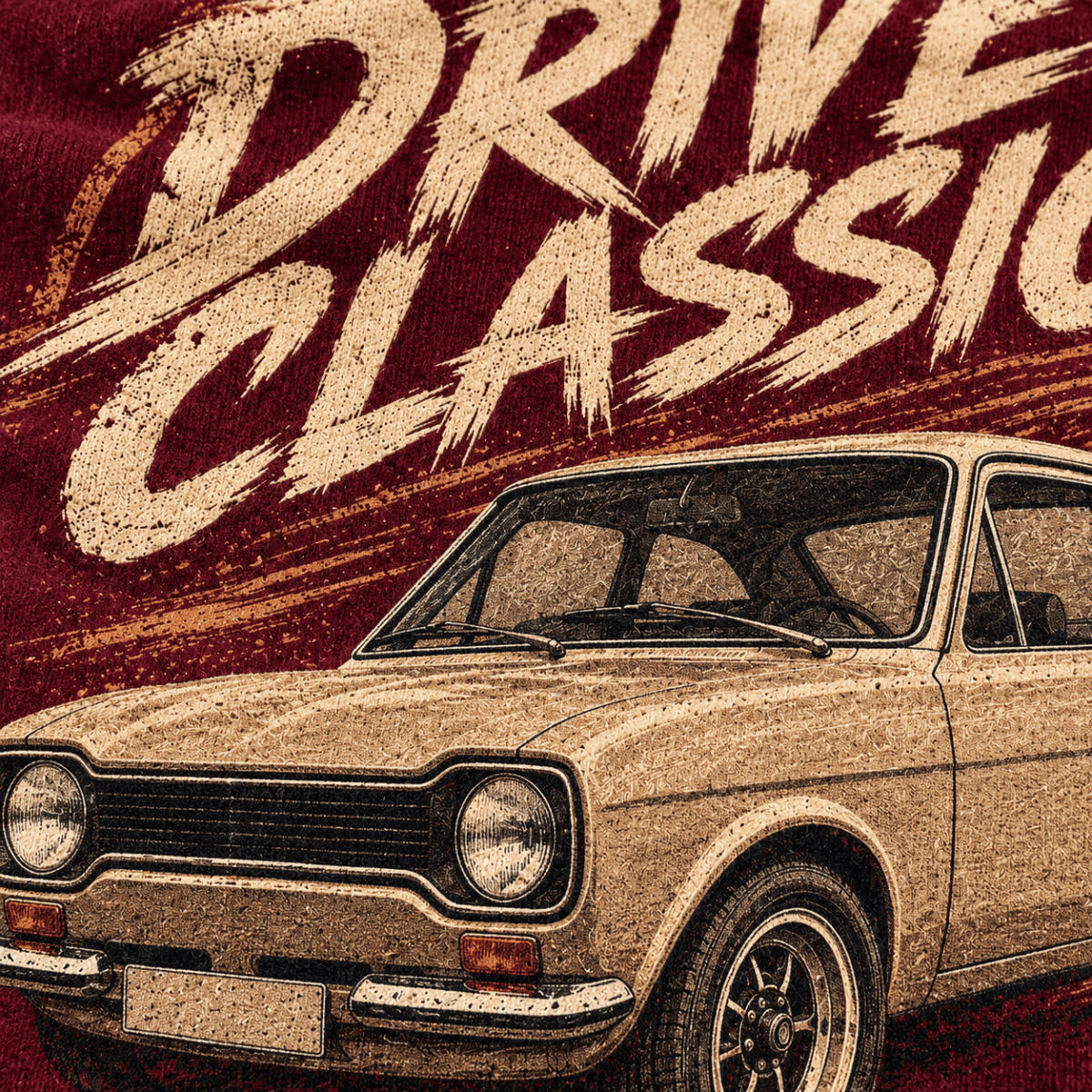 Drive Classic ford escort mk1 hoodie in burgundy, print close-up – car-hd-0156