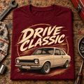 Drive Classic ford escort mk1 t-shirt in burgundy, folded workshop hero – car-ts-0156
