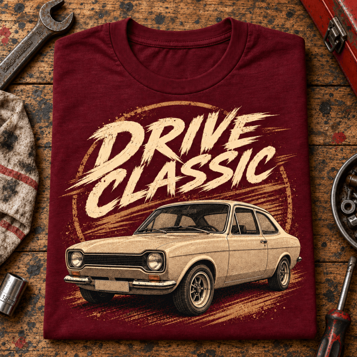Drive Classic ford escort mk1 t-shirt in burgundy, folded workshop hero – car-ts-0156