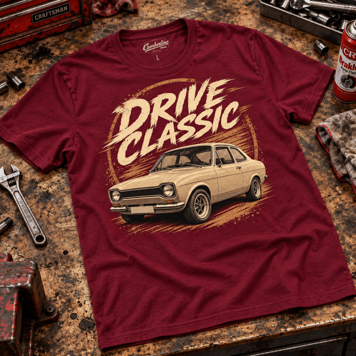 Drive Classic ford escort mk1 t-shirt in burgundy, front workshop garment view – car-ts-0156