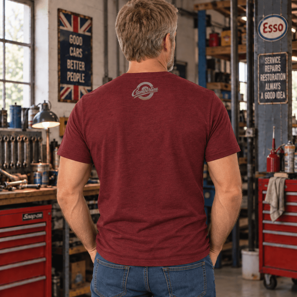 Drive Classic ford escort mk1 t-shirt in burgundy, model back – car-ts-0156
