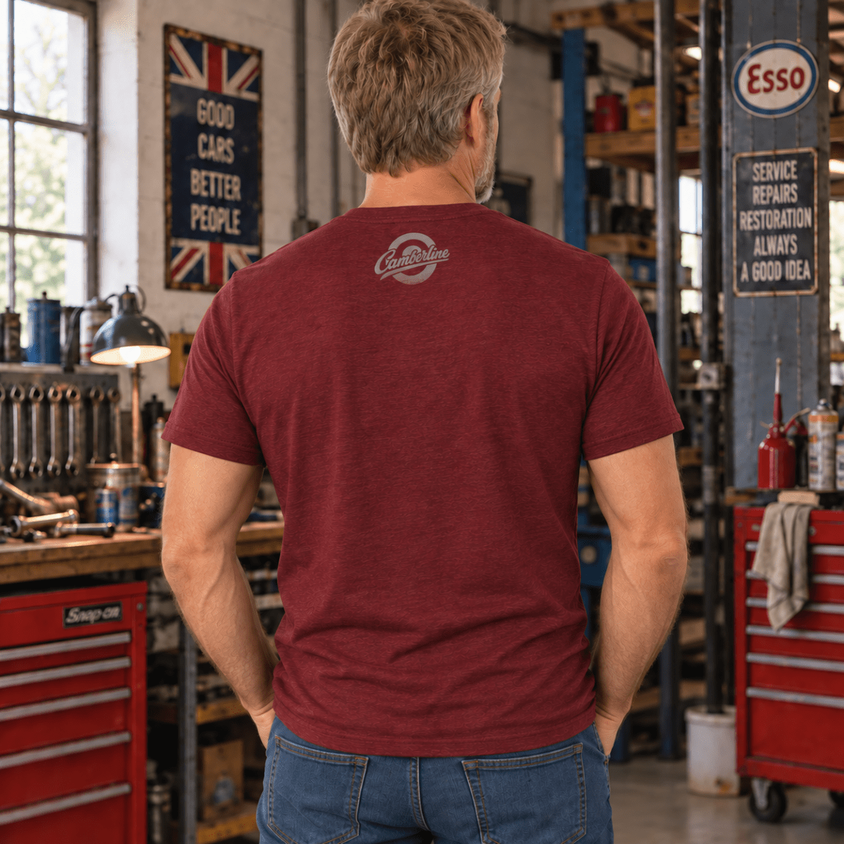 Drive Classic ford escort mk1 t-shirt in burgundy, model back – car-ts-0156