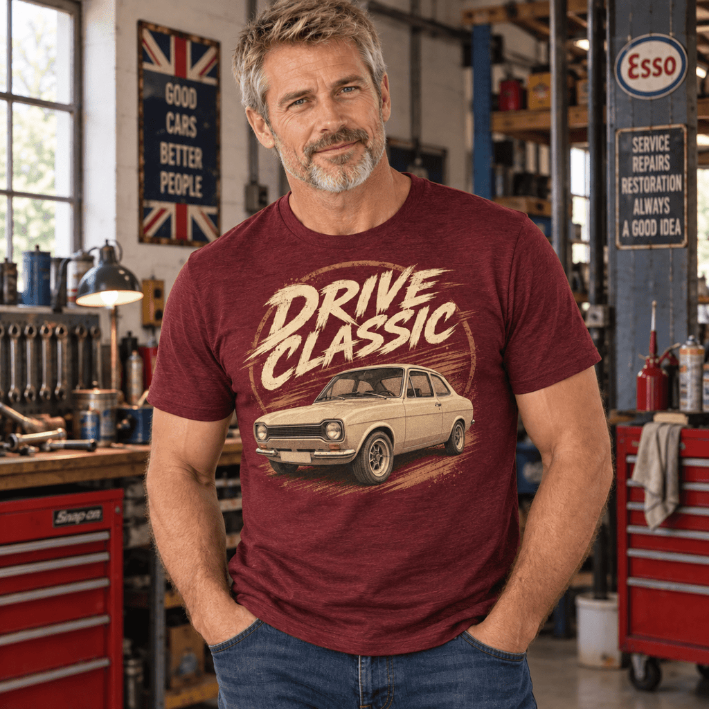 Drive Classic ford escort mk1 t-shirt in burgundy, model front – car-ts-0156