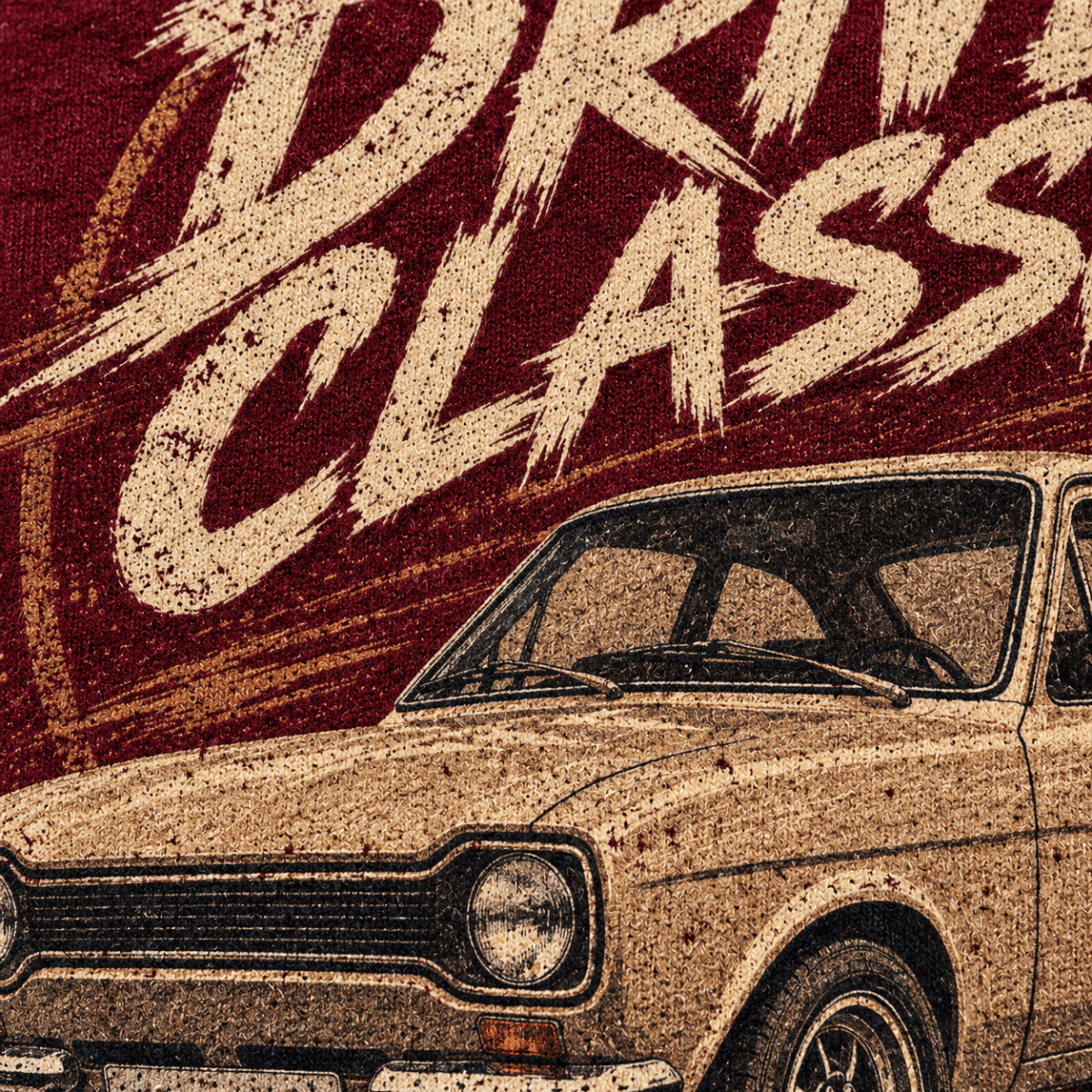 Drive Classic ford escort mk1 t-shirt in burgundy, print close-up – car-ts-0156