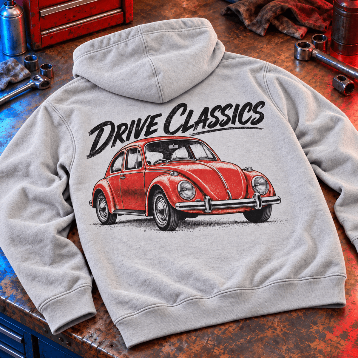 Drive Classics volkswagen beetle hoodie in sport grey (heather grey), back workshop garment view – car-hd-0155