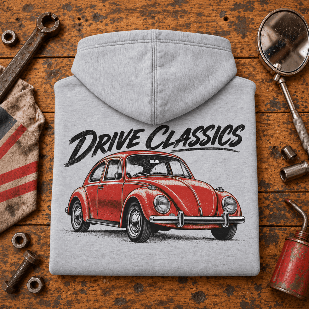 Drive Classics volkswagen beetle hoodie in sport grey (heather grey), folded workshop hero – car-hd-0155