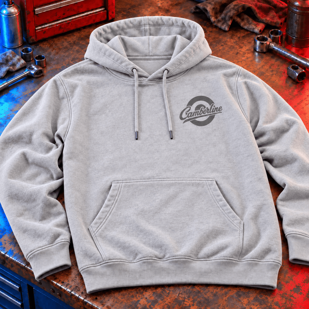 Drive Classics volkswagen beetle hoodie in sport grey (heather grey), front workshop garment view – car-hd-0155