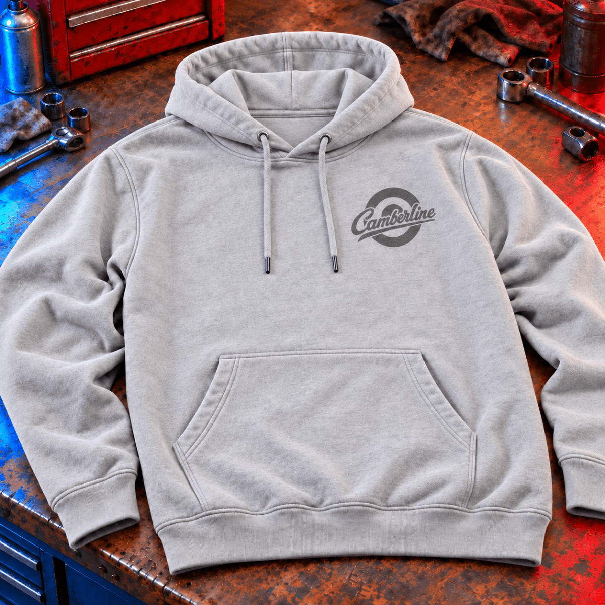 Drive Classics volkswagen beetle hoodie in sport grey (heather grey), front workshop garment view – car-hd-0155