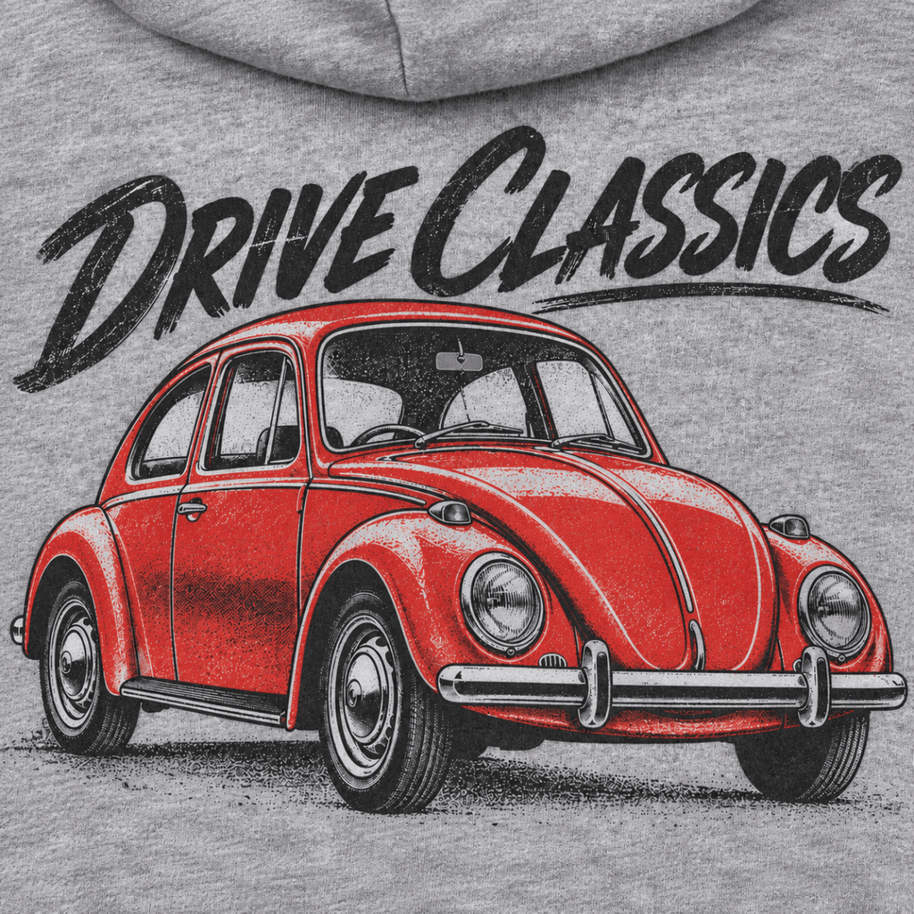 Drive Classics volkswagen beetle hoodie in sport grey (heather grey), print close-up – car-hd-0155