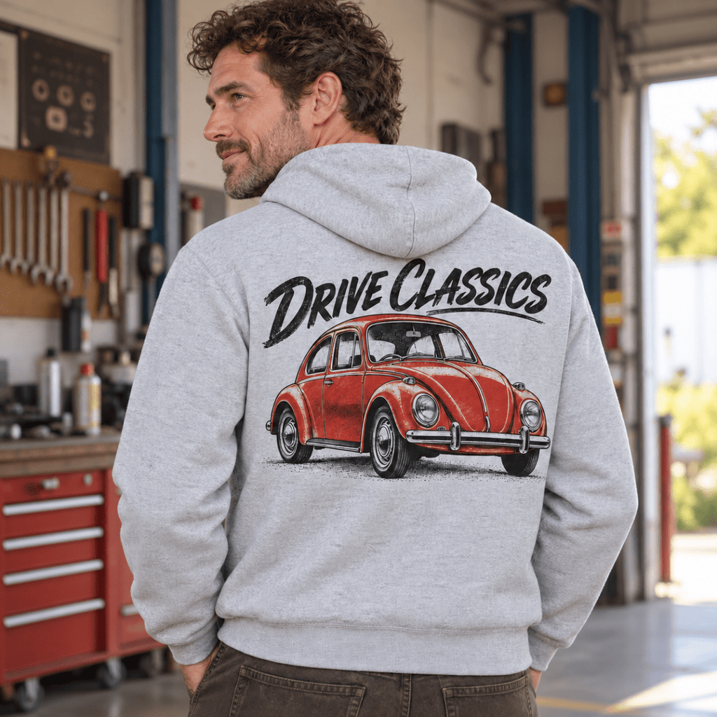 Drive Classics volkswagen beetle hoodie in sport grey (heather grey), model back – car-hd-0155