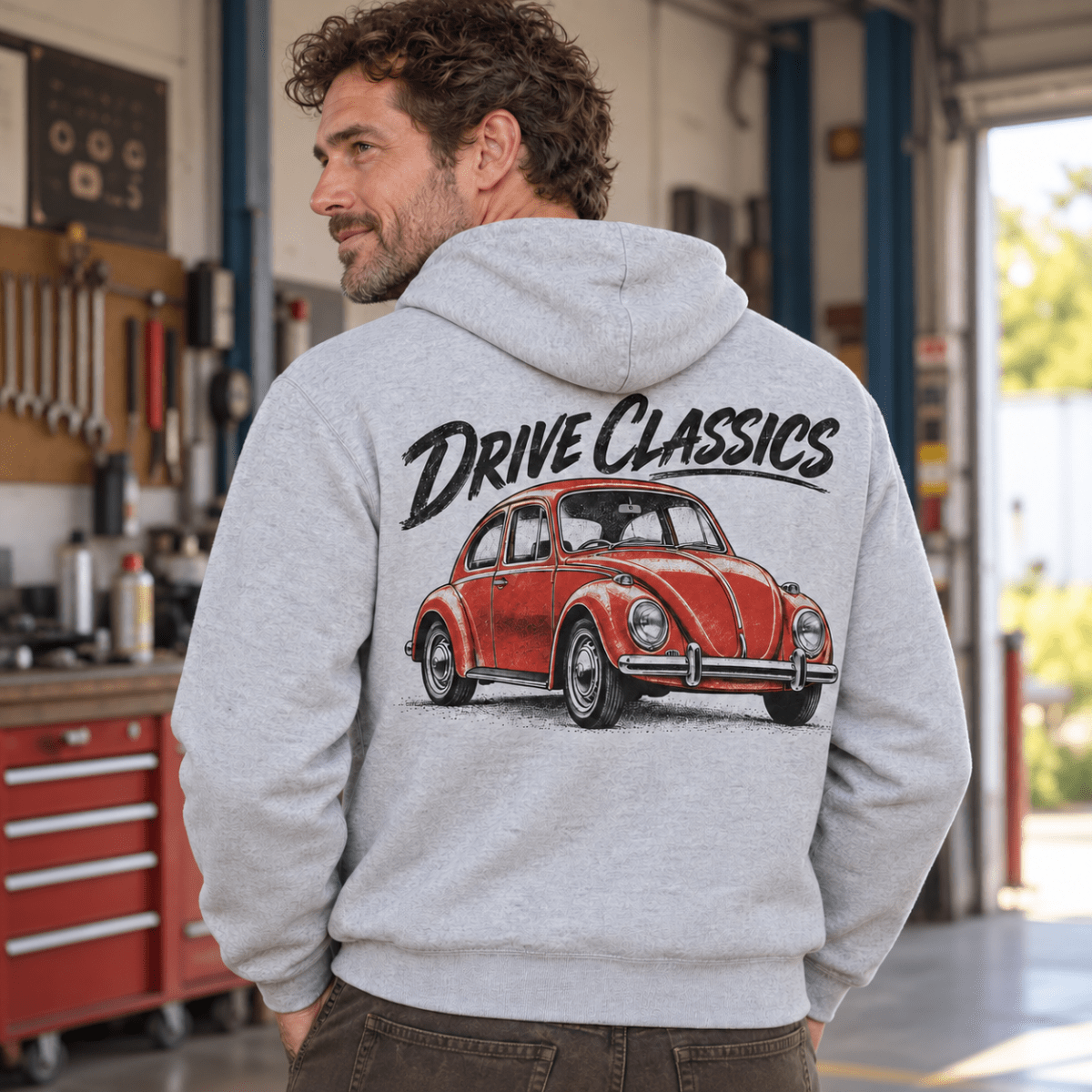 Drive Classics volkswagen beetle hoodie in sport grey (heather grey), model back – car-hd-0155