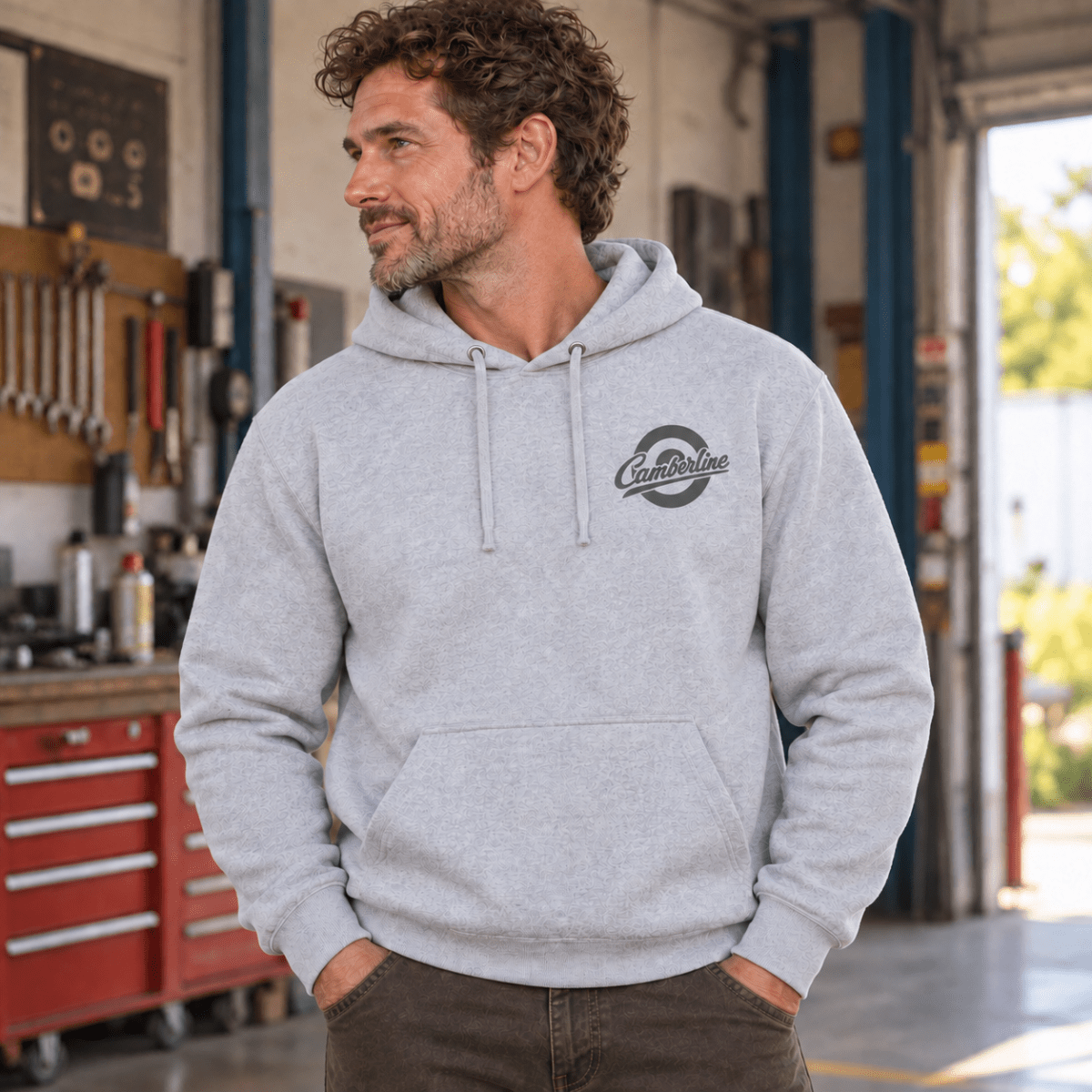 Drive Classics volkswagen beetle hoodie in sport grey (heather grey), model front – car-hd-0155