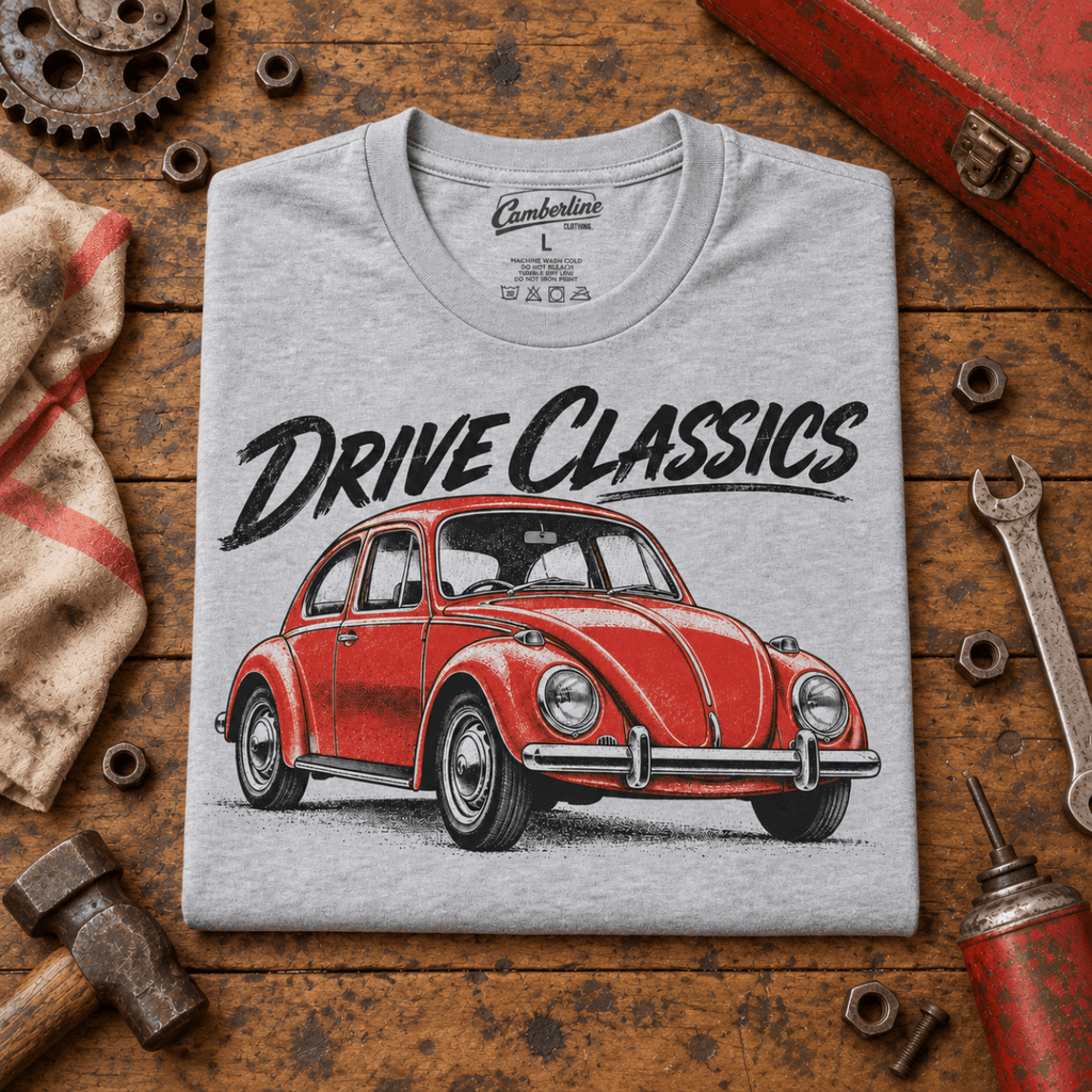 Drive Classics volkswagen beetle t-shirt in sport grey (heather grey), folded workshop hero – car-ts-0155