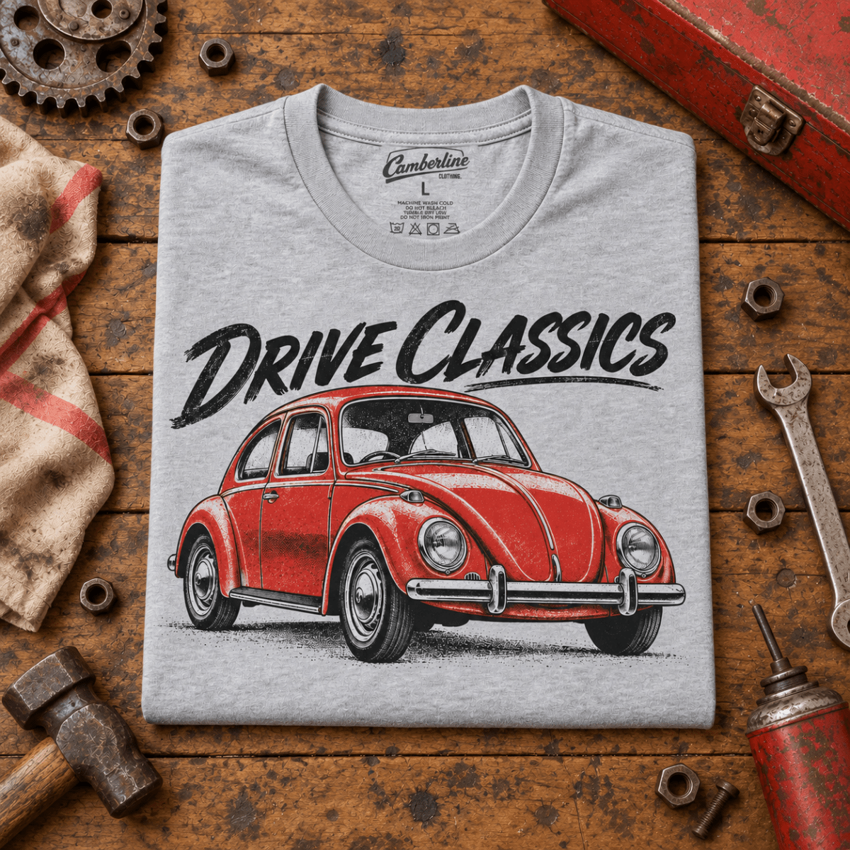 Drive Classics volkswagen beetle t-shirt in sport grey (heather grey), folded workshop hero – car-ts-0155