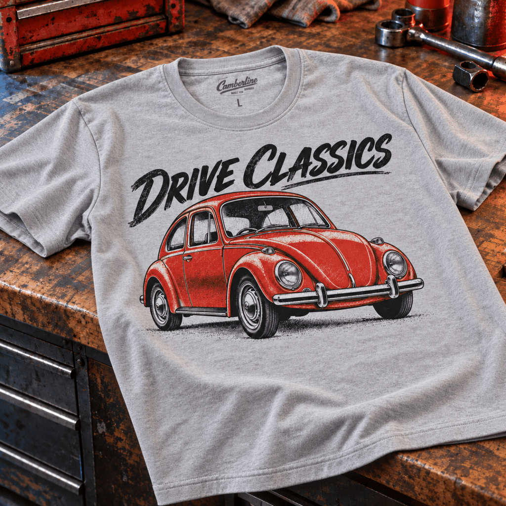 Drive Classics volkswagen beetle t-shirt in sport grey (heather grey), front workshop garment view – car-ts-0155