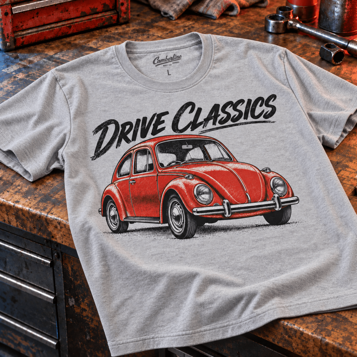 Drive Classics volkswagen beetle t-shirt in sport grey (heather grey), front workshop garment view – car-ts-0155