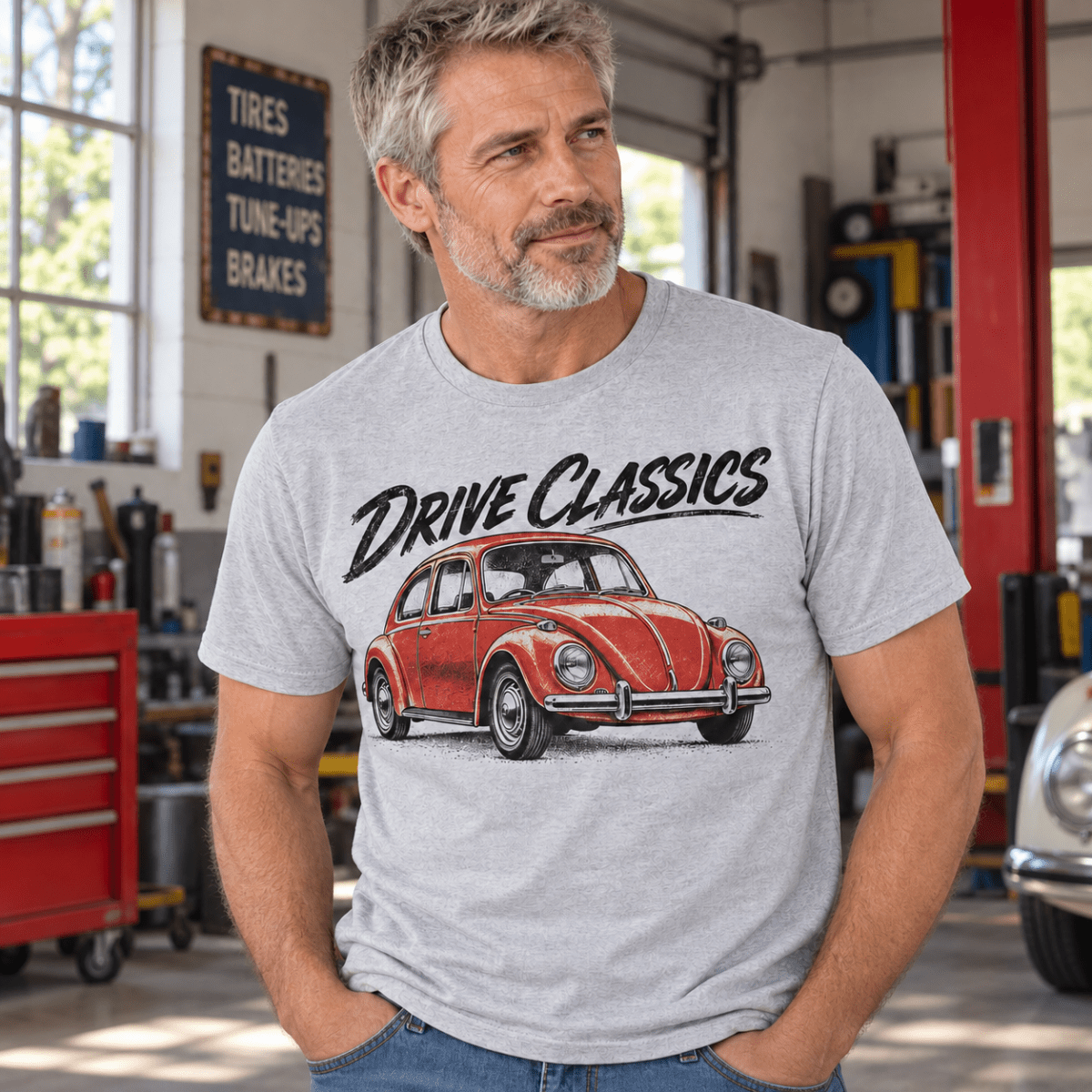 Drive Classics volkswagen beetle t-shirt in sport grey (heather grey), model front – car-ts-0155