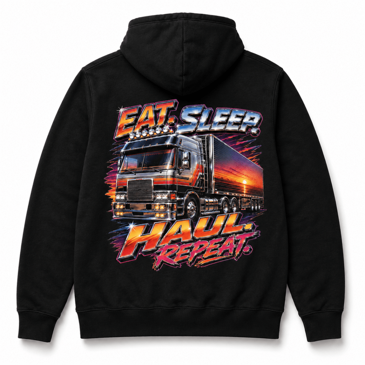 A black pullover hoodie shown from the back, featuring a large graphic print of a semi-truck with the text 'EAT. SLEEP.