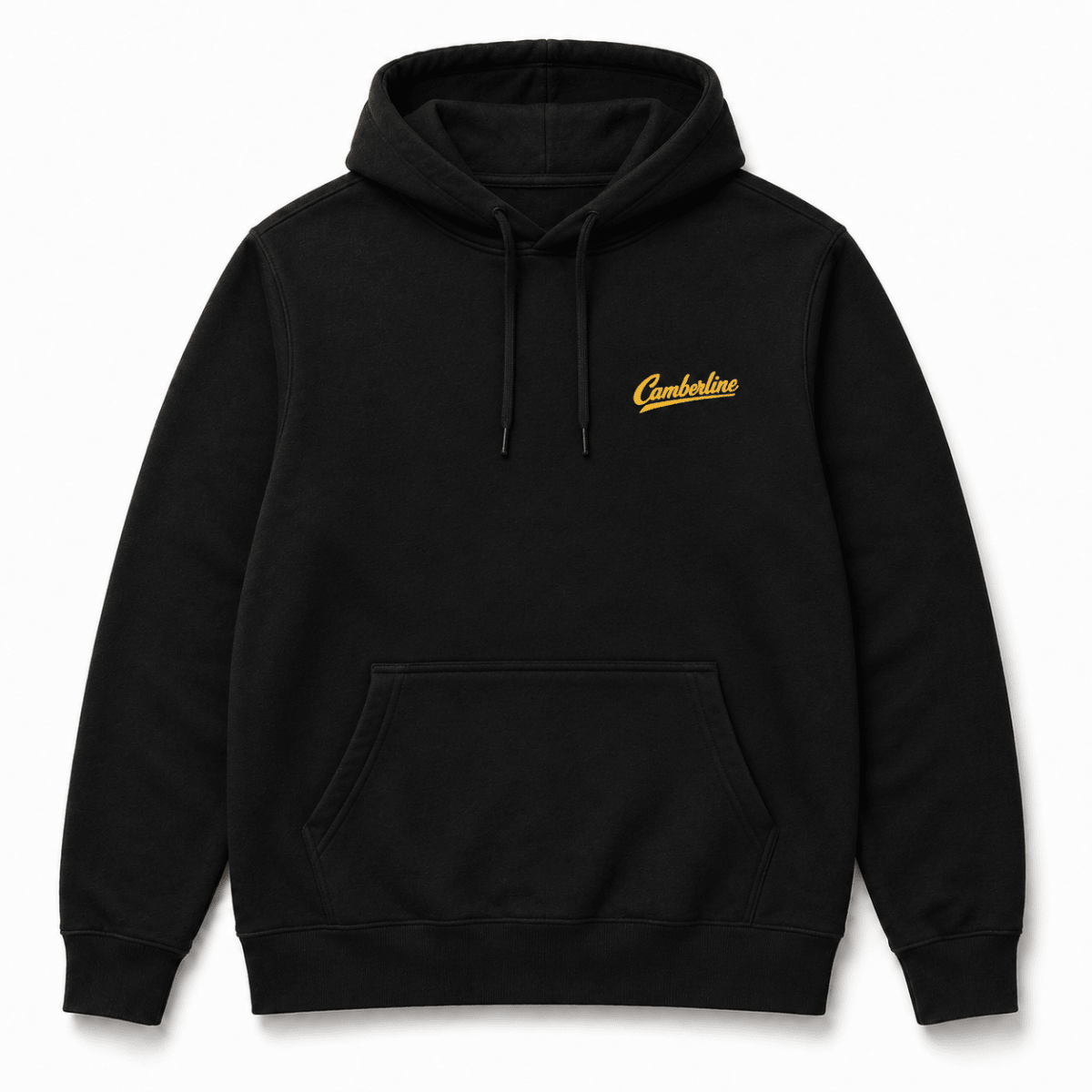 A black pullover hoodie with a small yellow embroidered 'Camelote' logo on the left chest, displayed against a clean white background.